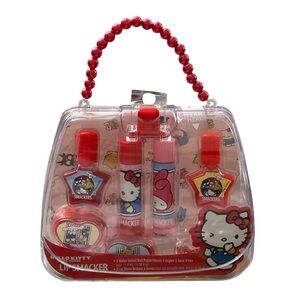 New Lip Smacker Hello Kitty Nail Polish & Flavored Lip Balm Makeup Tote.6 pieces